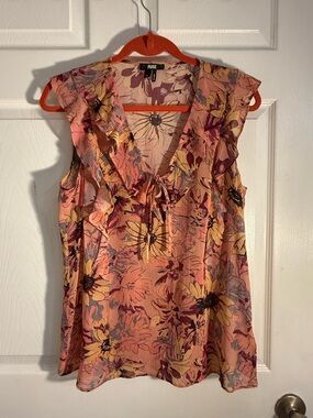 PAIGE Peach and Black Silk Floral Ruffle V-Neck Sleeveless Top